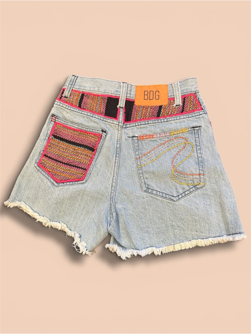 BDG Patchwork Light Wash A-Line Denim Shorts with Pink & Black Knit Panel - Picture 2 of 6
